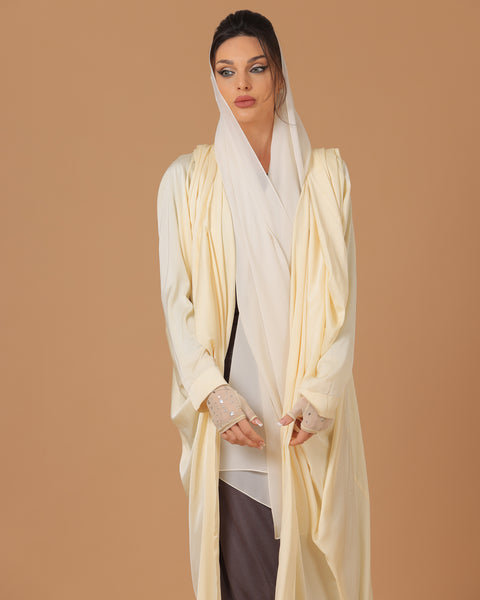 Pure Silk Cream Pleated Sleeves Abaya