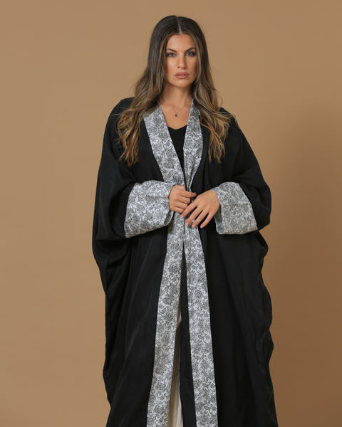 Washed Silk Black Printed Bordered Abaya