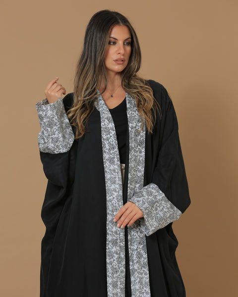 Washed Silk Black Printed Bordered Abaya