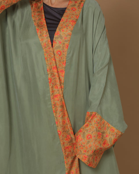 Washed Silk Camo Green Printed Bordered Abaya