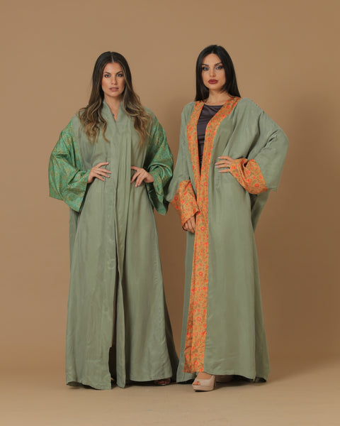 Washed Silk Camo Green Printed Bordered Abaya