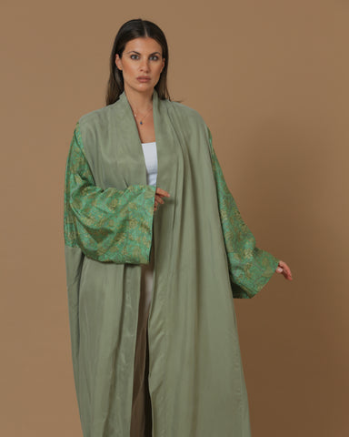 Washed Silk Camo Green Printed Sleeves Abaya