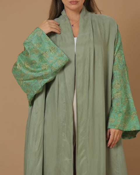 Washed Silk Camo Green Printed Sleeves Abaya